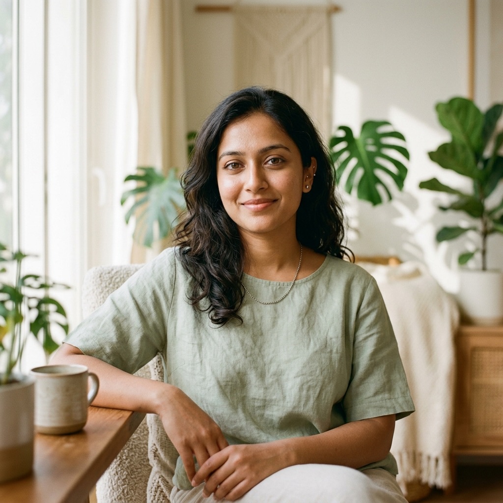 Calm Indian woman practicing mindful breathing in a peaceful home setting